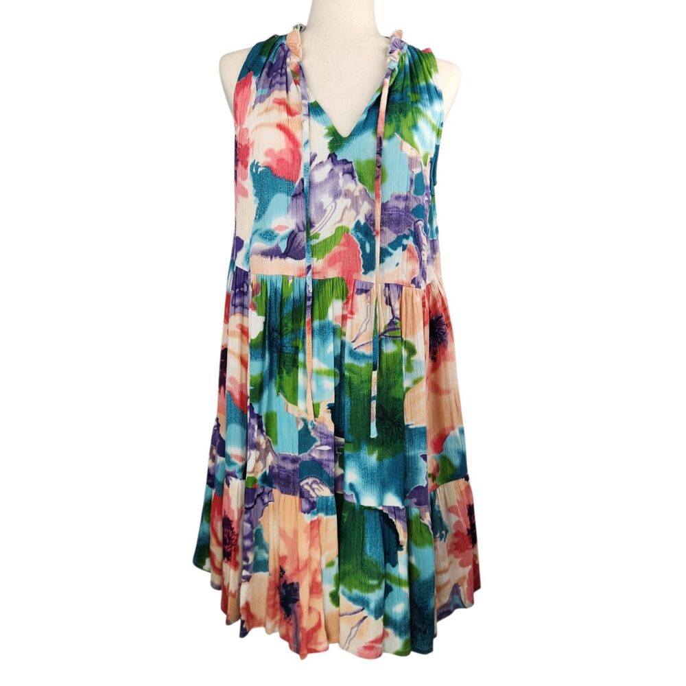 Papa Vancouver Tiered Tank Dress Small Floral Watercolor Artsy Boho India Resort